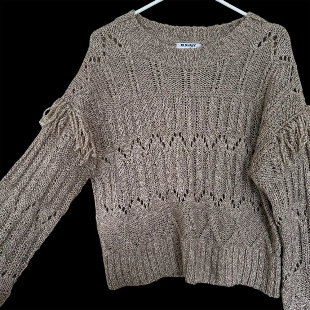 Old Navy Women Textured Fringe Sweater Size M Tan Relaxed Fit Boho Chic Festival